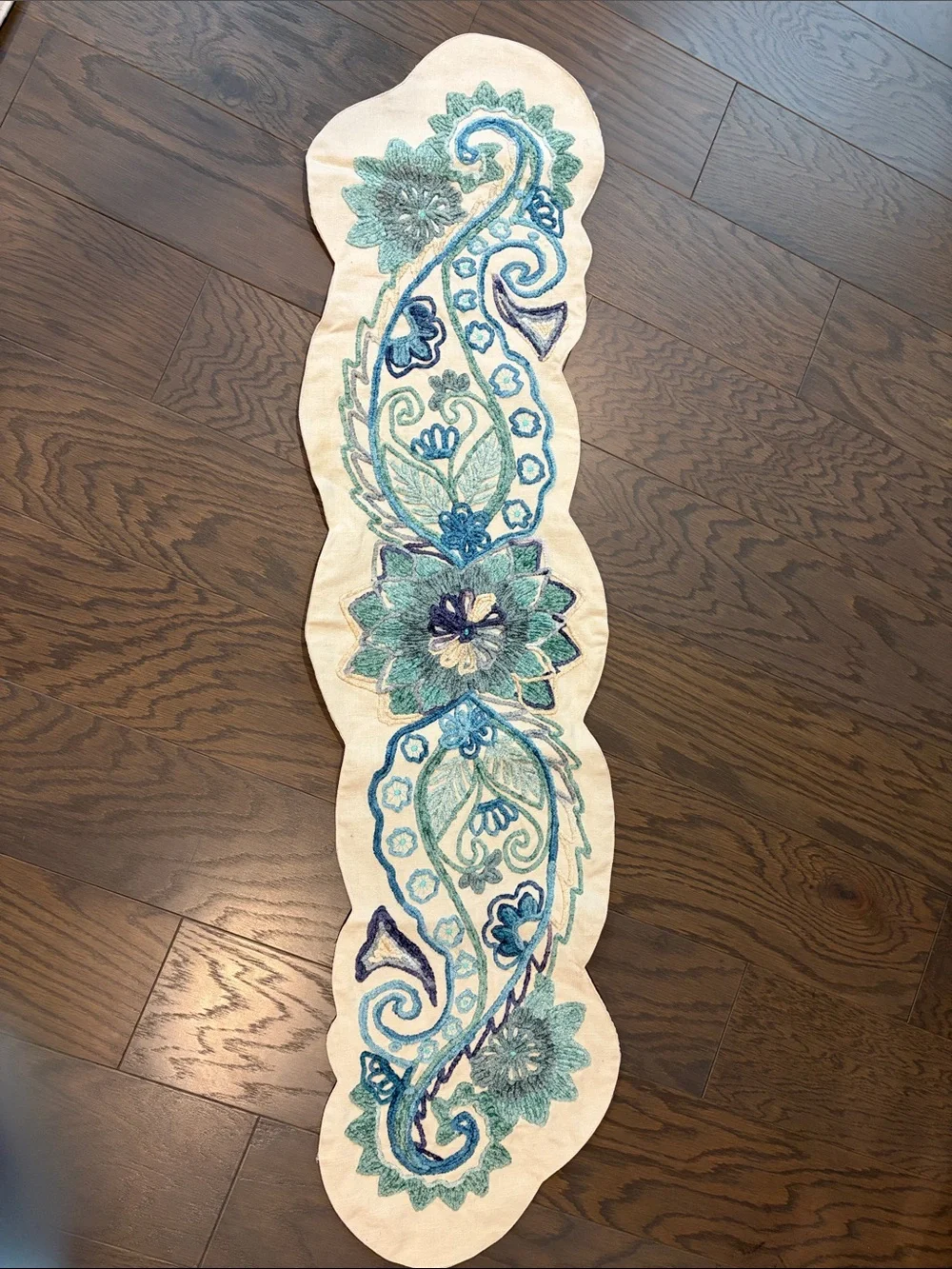 Pier One Embroidered Floral Table Runner in Teal and Blue